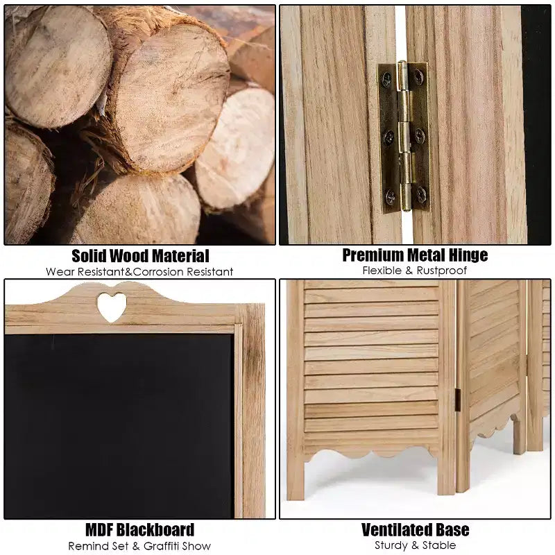 Paravent pliant 4 panneaux avec tableau noir, hauteur 1,74 m, bois naturel