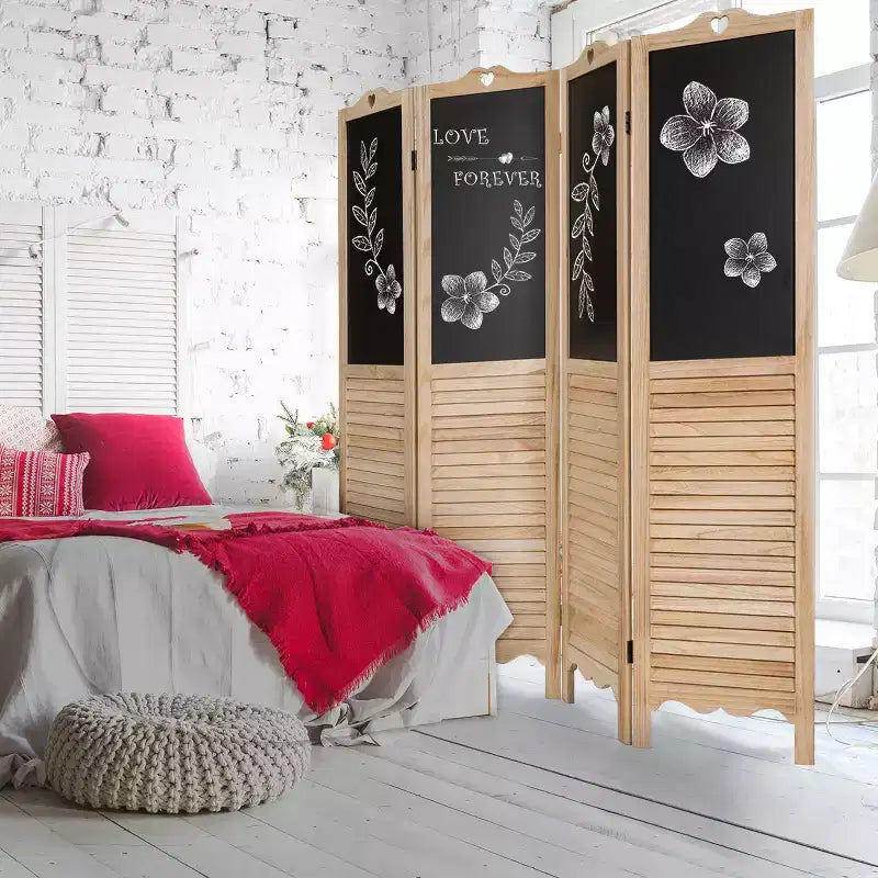 Paravent pliant 4 panneaux avec tableau noir, hauteur 1,74 m, bois naturel