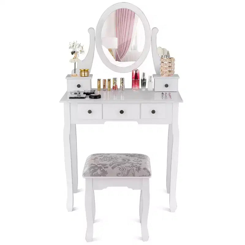 Make-up Schminktisch mit ovalem Hocker und 5 Aufbewahrungsschubladen, Weiß