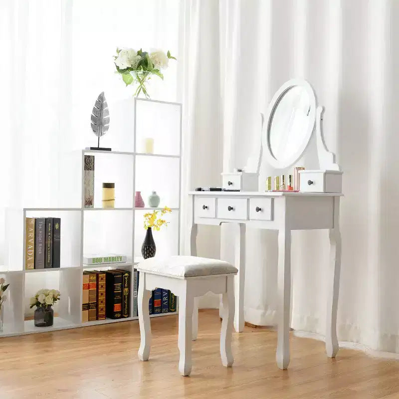 Oval Tabureli ve 5 Depolama Çekmeceli Makyaj Masası, Beyaz
