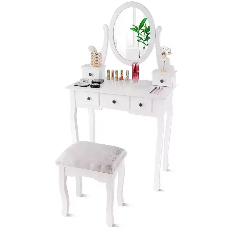 Make-up Schminktisch mit ovalem Hocker und 5 Aufbewahrungsschubladen, Weiß