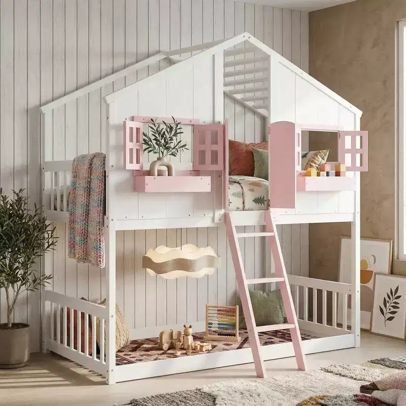 Hochbett in Hausform für Einzelbettgröße, Spielhaus-Hochbett aus Holz mit Leiter und Schutzgeländern für Kinder
