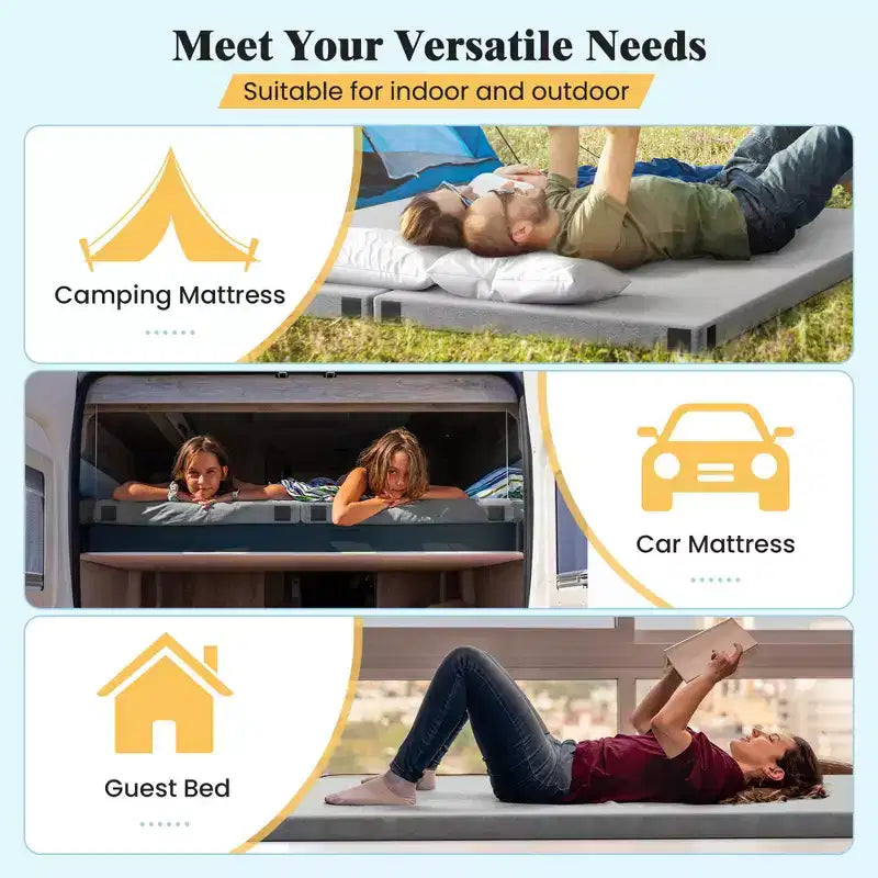 Costway kampeermatras van traagschuim met antislip onderkant en reistas voor buitengebruik, grijs/blauw