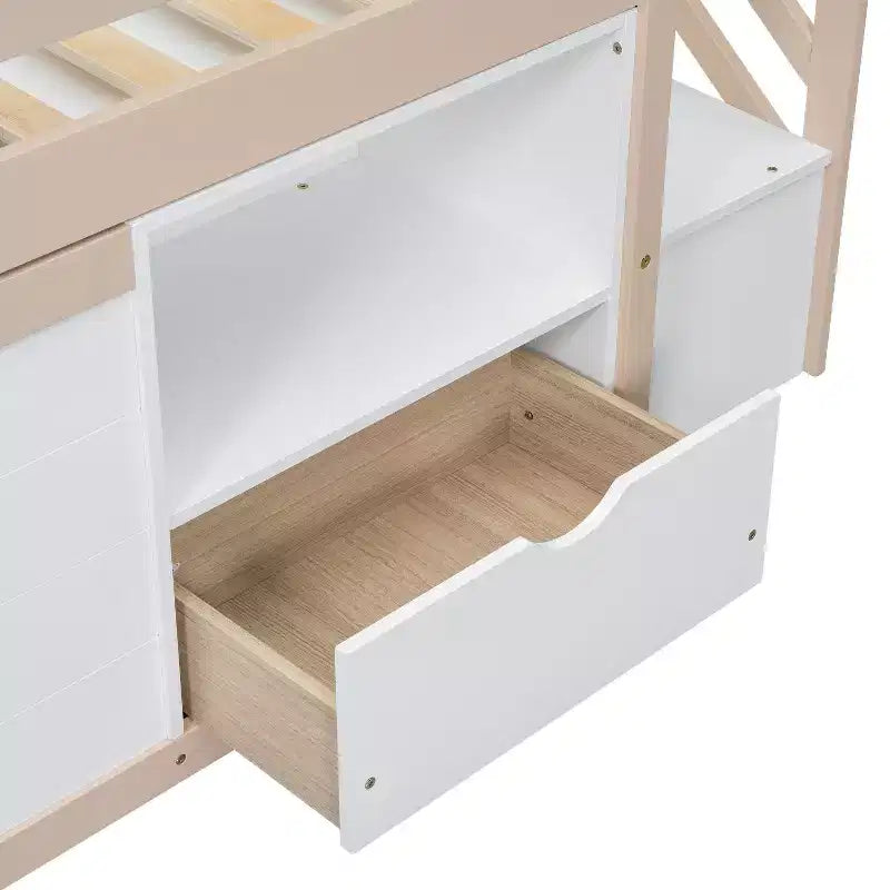 Okak hoogslaper van massief hout voor eenpersoonsbed met trap en opbergruimte, laag stapelbed met lades en planken, multifunctionele hoogslaper voor kinderen en tieners