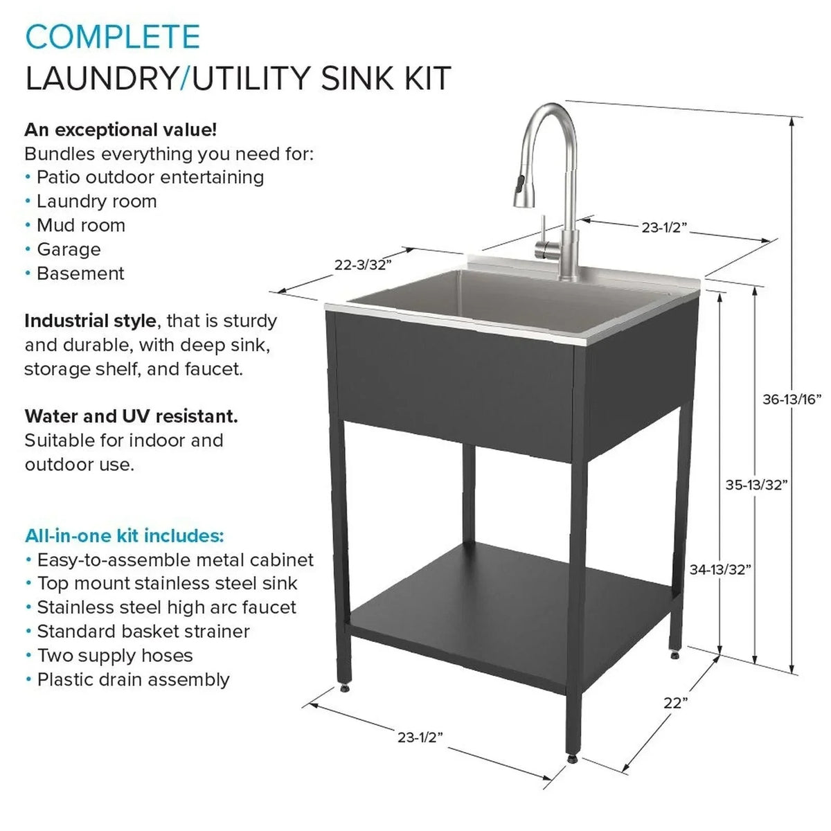 Évier de buanderie en acier inoxydable avec meuble de lavage - 24-in W x 22-in D x 35-in H