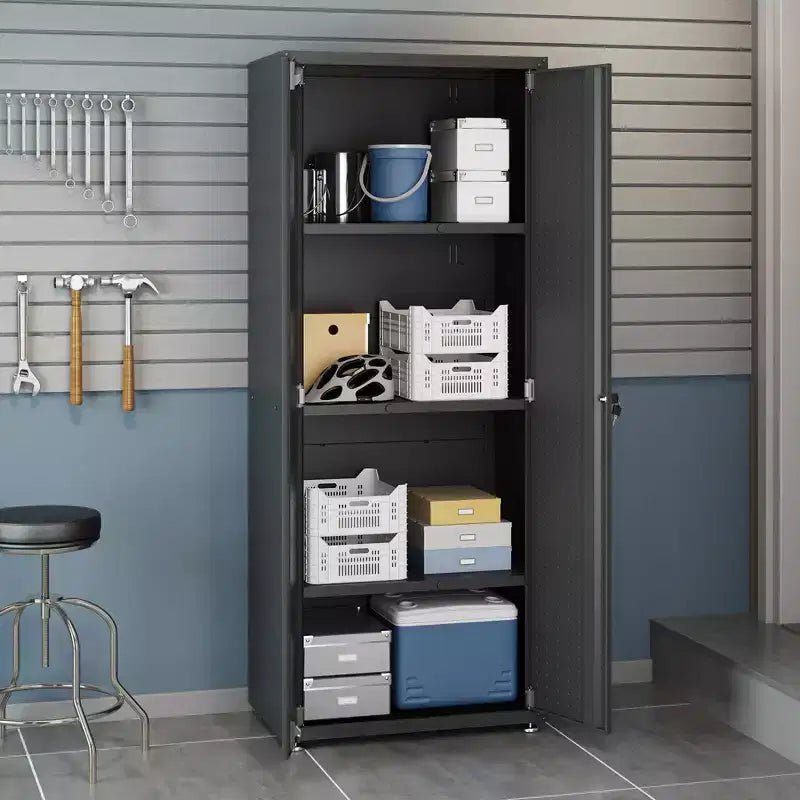 Armoire de rangement haute pour garage avec portes, acier robuste  