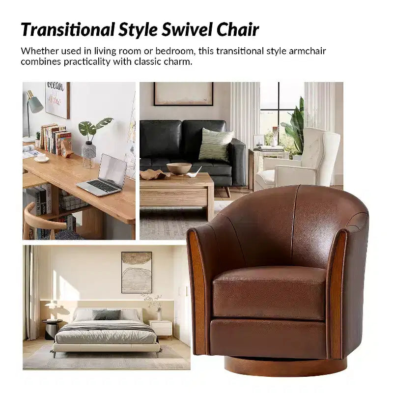 Pocono Übergangs-Stil-Drehfasssessel aus echtem Leder mit Massivholzgestell, 2er-Set, Artful Living Design
