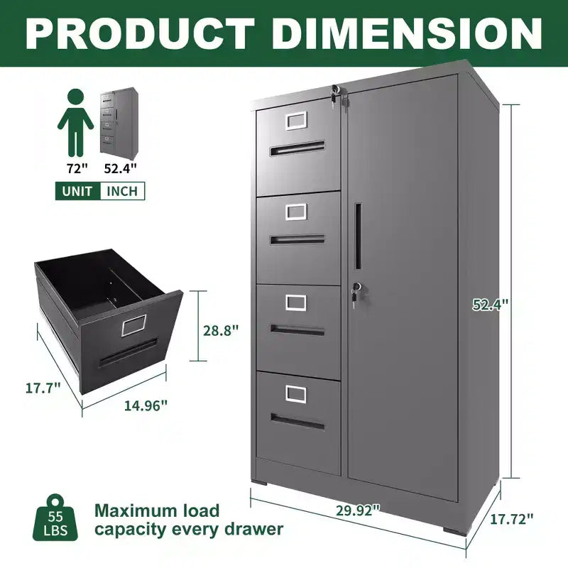 Metall-Aktenschrank mit Schloss, Stahlschrank mit 4 Schubladen