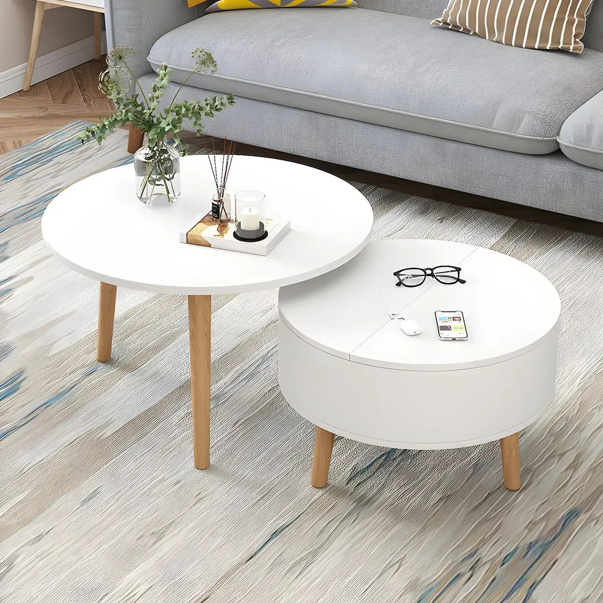Moderner runder Couchtisch aus Holz in Schwarz und Weiß mit Stauraum