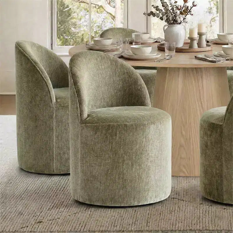 Ensemble de salle à manger moderne pour 6 personnes, table ronde à piètement central, fauteuils pivotants en forme de tonneau à roulettes, chenille texturée - Panipeachy