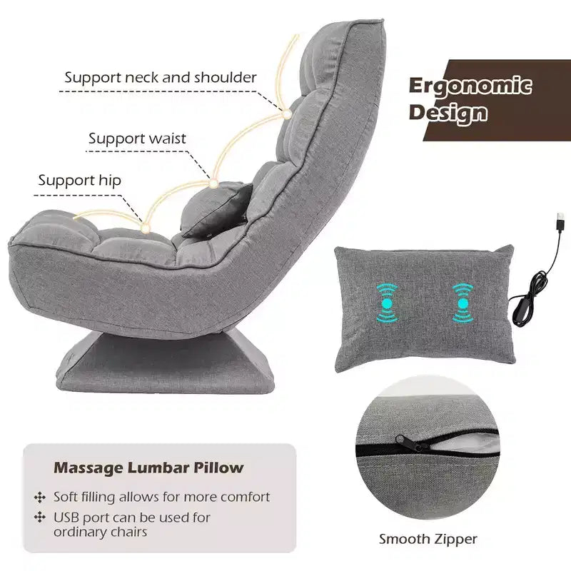 Sedia da pavimento girevole con cuscino massaggiante, schienale regolabile a 5 livelli, grigio/nero/marrone
