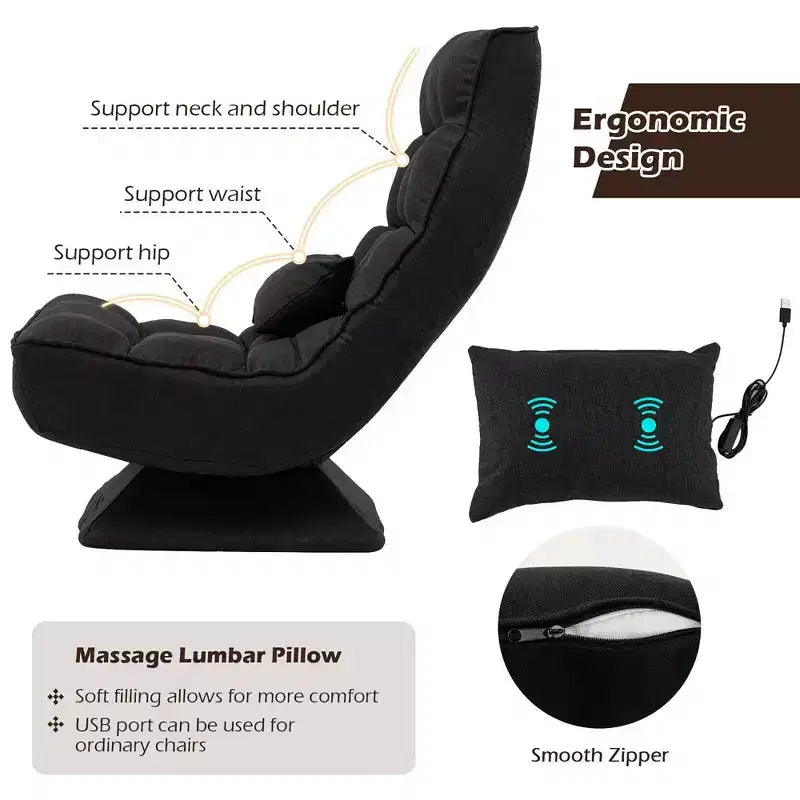 Sedia da pavimento girevole con cuscino massaggiante, schienale regolabile a 5 livelli, grigio/nero/marrone