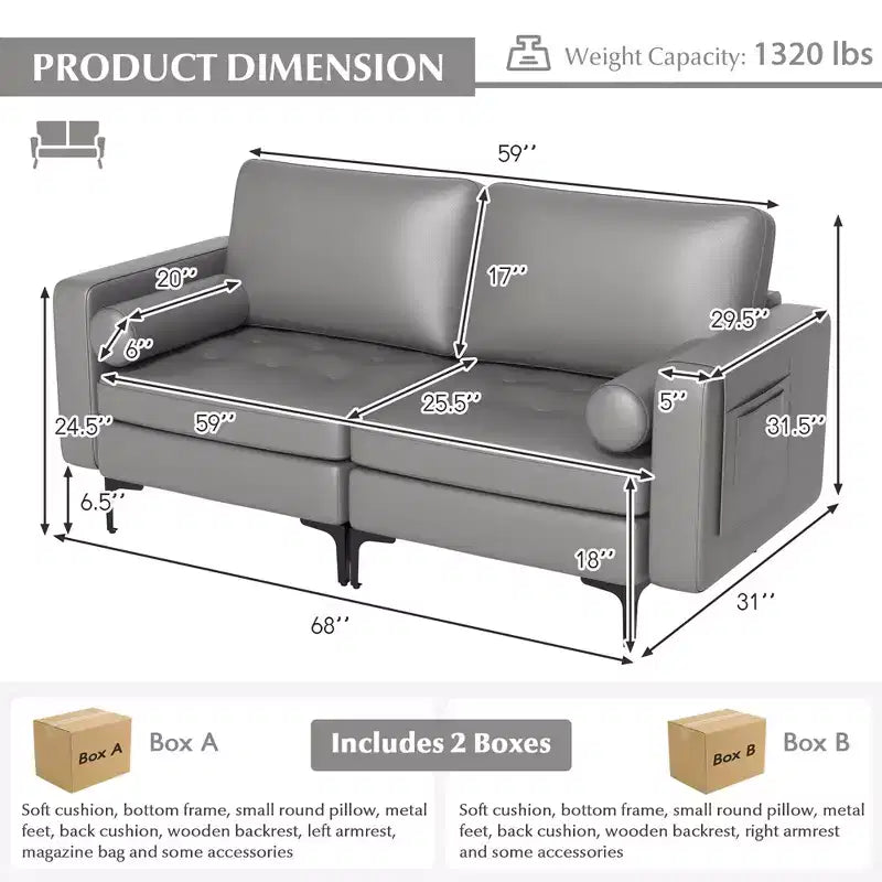 Canapé moderne 2 places avec 2 traversins et poche de rangement latérale, gris