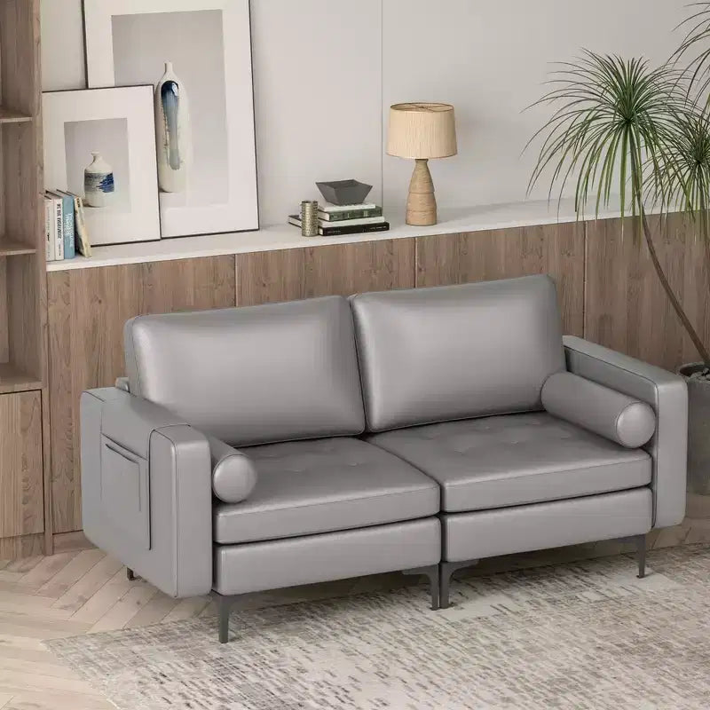 Canapé moderne 2 places avec 2 traversins et poche de rangement latérale, gris