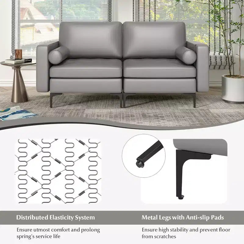 Canapé moderne 2 places avec 2 traversins et poche de rangement latérale, gris