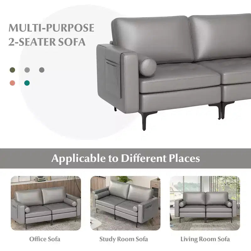 Canapé moderne 2 places avec 2 traversins et poche de rangement latérale, gris