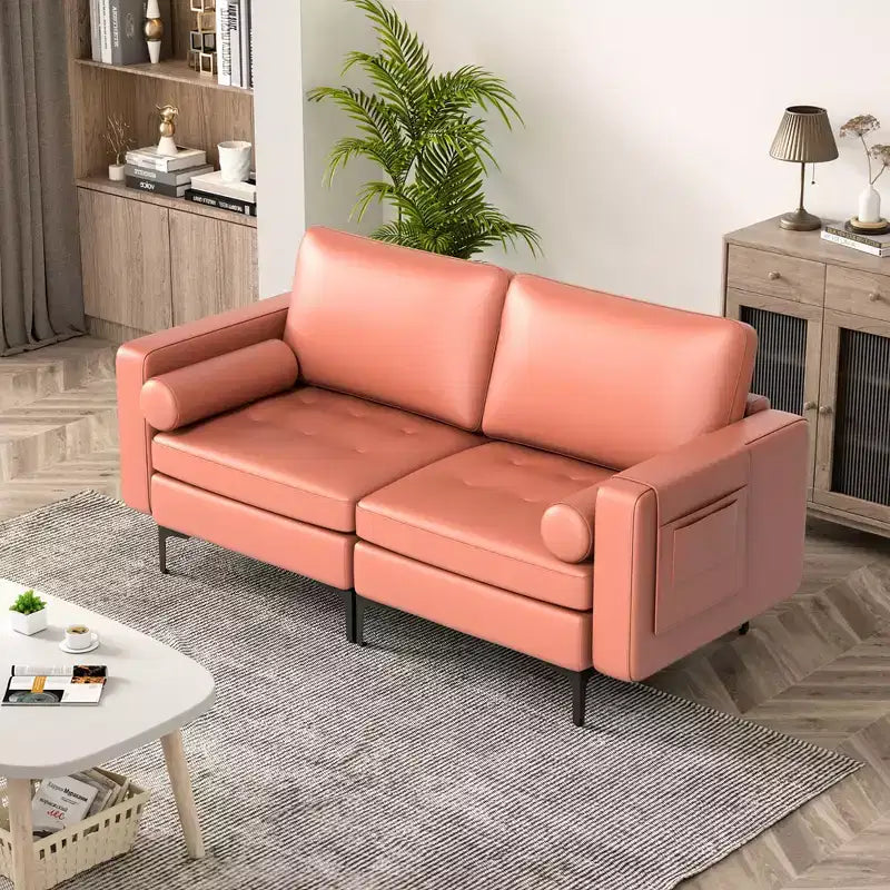 Canapé moderne 2 places avec 2 traversins et poche de rangement latérale, gris