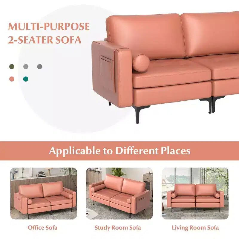 Canapé moderne 2 places avec 2 traversins et poche de rangement latérale, gris