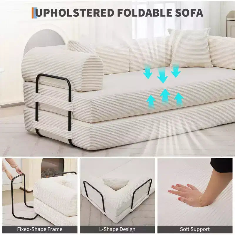 4-in-1-Schlafsofa, 79-Zoll-klappbare Cord-Couch ohne Gestell mit Kissen, ohne Montage, Zweisitzer für kleine Wohnungen
