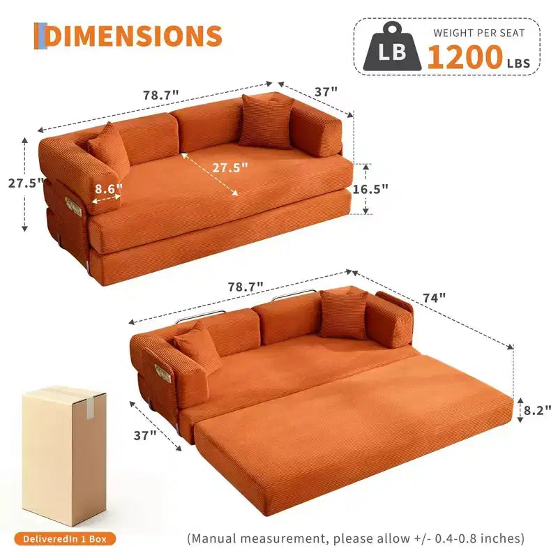 Canapé-lit, matelas pliant 5 en 1 de 78.8, canapé ou causeuse, cadre en acier à forme fixe, velours côtelé avec oreillers