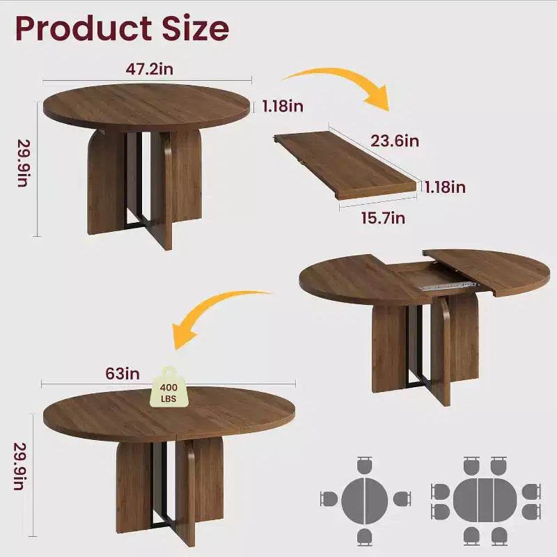 Table de salle à manger ronde extensible de 47-63 po pour 4-8 personnes, table de cuisine extensible en bois de style campagnard avec structure métallique, forme ovale peu encombrante pour appartement, gris rétro
