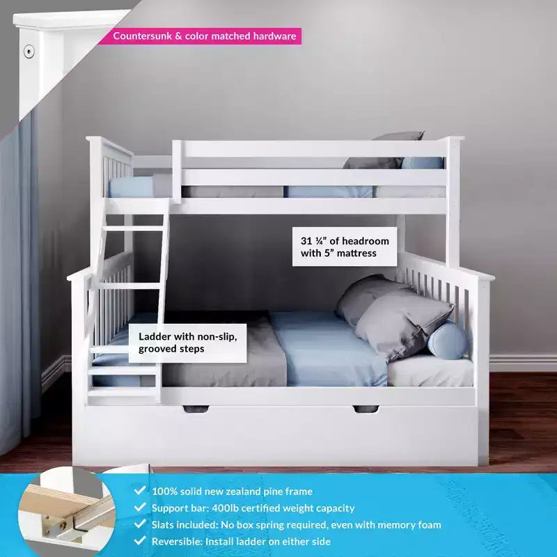 Lit superposé Max & Lily en bois massif, deux places au-dessus d’un lit double, avec lit gigogne de rangement et échelle pour enfants