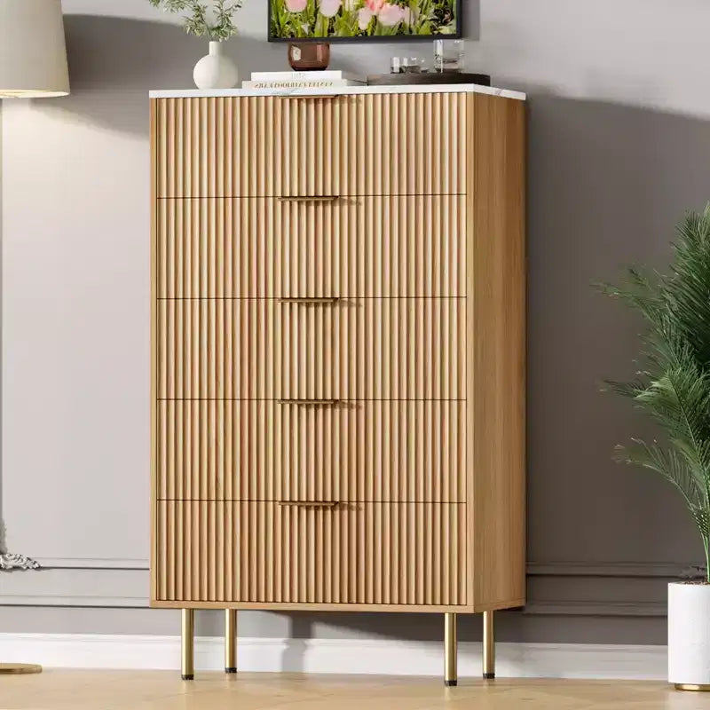 Commode blanche / marbre et bois à 5 tiroirs ?C panneau cannelé, pour 1 personne