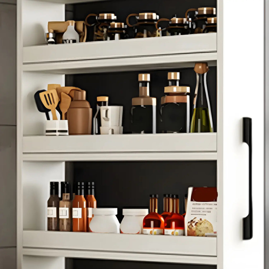 Moderne houten buffetkast met open planken en zwenkwiel