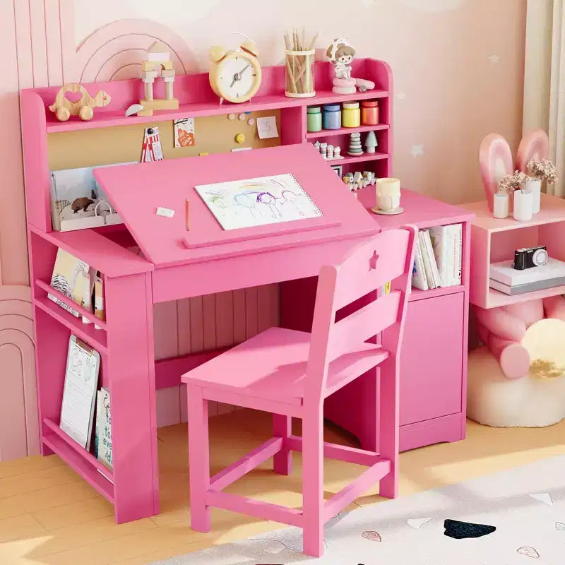 Ensemble bureau et chaise d’étude pour enfants avec rangement, bureau d’étude avec étagère supérieure inclinable, pour les enfants de 3 à 8 ans, table d’écriture pour chambre