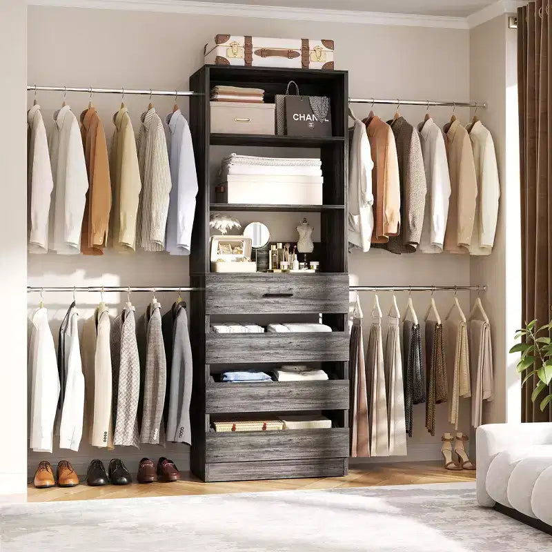 Système d'aménagement de dressing en bois Besiost de 4 à 9 pi avec 4 tiroirs, 4 tringles et des colonnes d'étagères