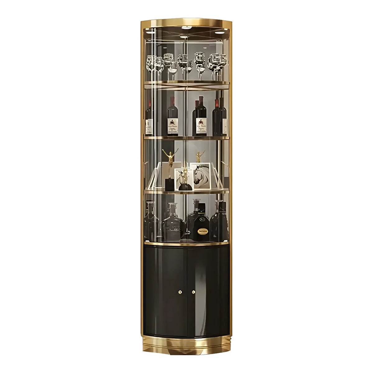 Glamouröser, glänzender Vitrinenschrank aus Glas und goldfarbenem Metall mit abgerundeter Ecke