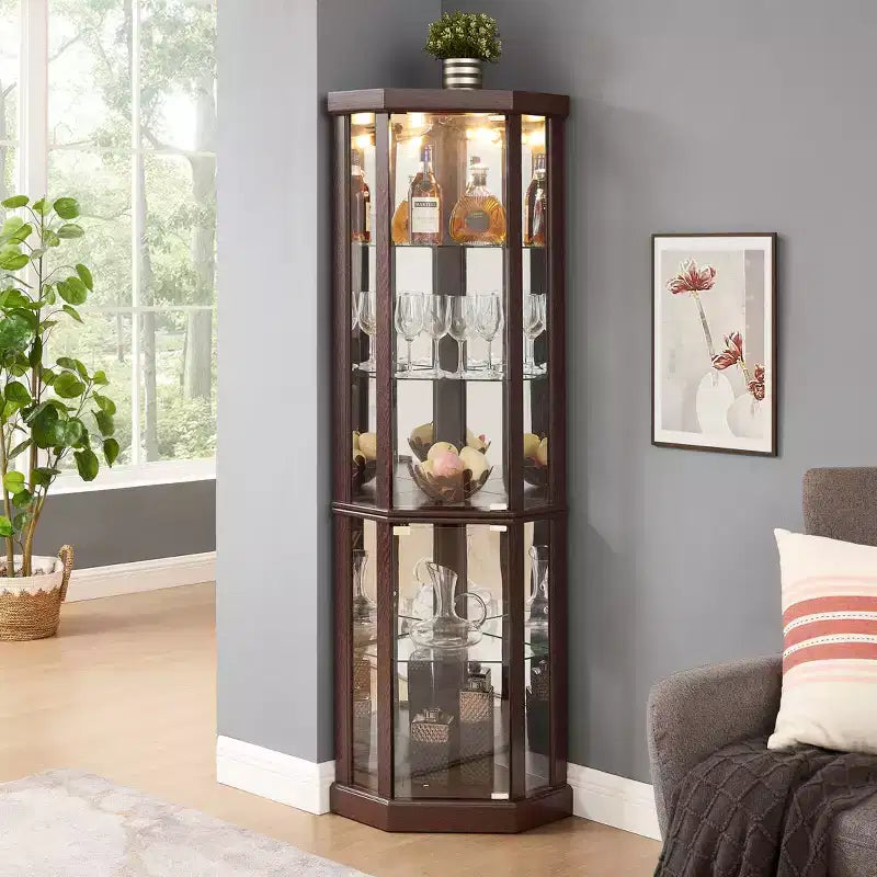 Eckvitrine mit Glastüren und Einlegeböden, Eckvitrine fürs Wohnzimmer