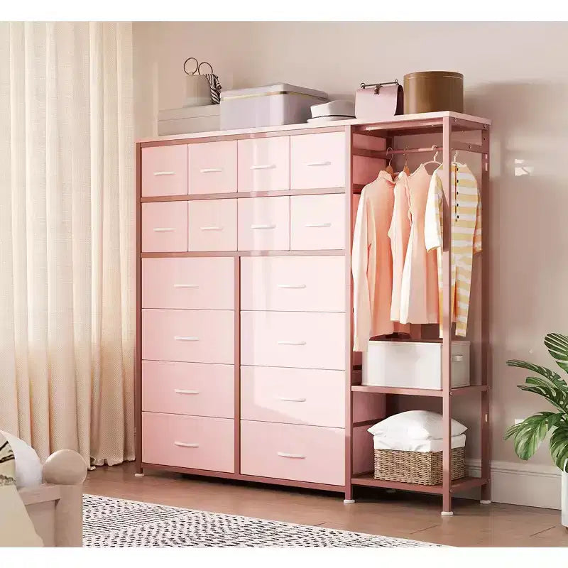 Kommode mit 16 Schubladen, Kleiderstange und Regalen, Stoff-Aufbewahrungsorganizer für Schlafzimmer, Kleiderschrank oder Eingangsbereich
