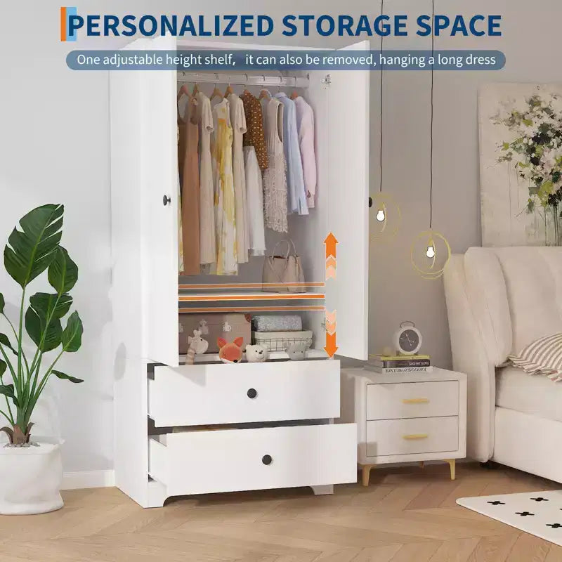 Armoire-penderie moderne en bois de 71 pouces pour chambre, avec 2 portes, 2 tiroirs, étagères réglables et tringle
