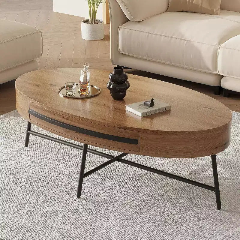 Acekool ovaler Couchtisch mit Schublade, 47.2, Holztisch mit Stauraum und gekreuzten Metallbeinen, moderner Mid-Century-Couchtisch in Naturfarben und goldenem Weidenholz