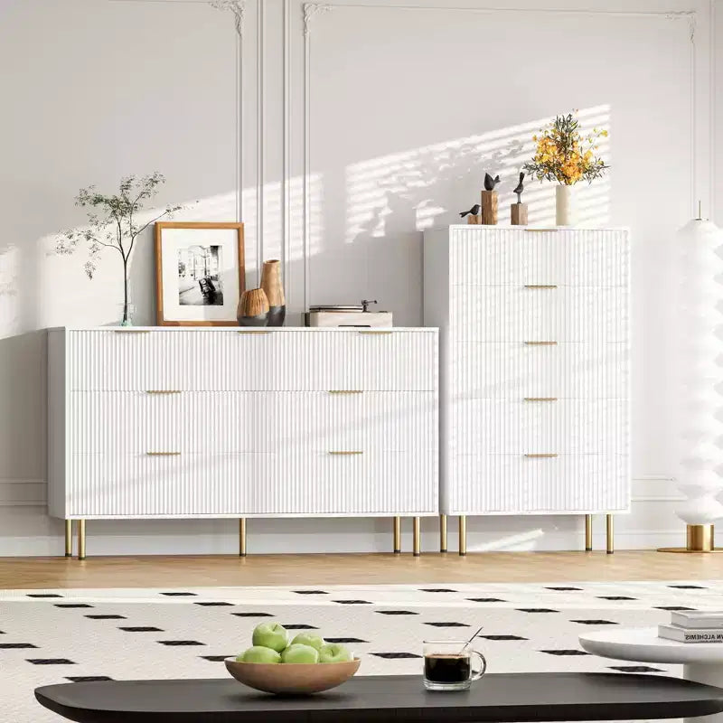 Commode blanche / marbre et bois à 5 tiroirs ?C panneau cannelé, pour 1 personne
