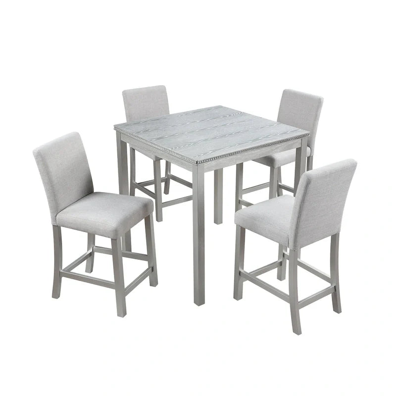 Moderne 5-delige eetset met vierkante tafel op aanrechthoogte en 4 gestoffeerde stoelen