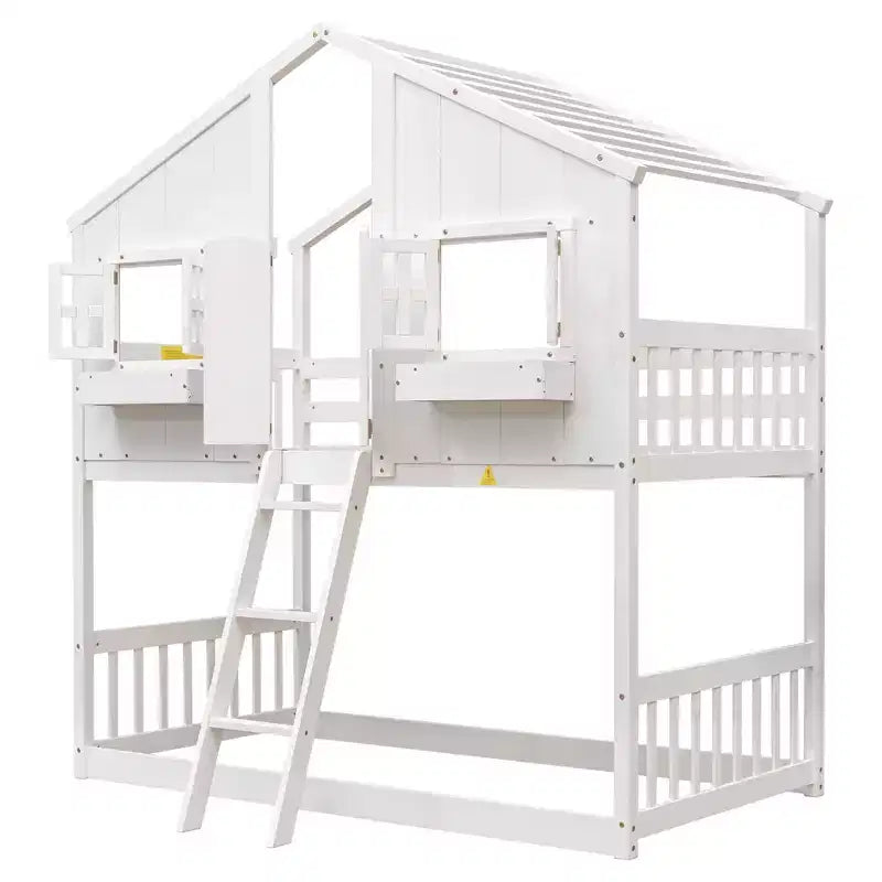 Hoogslaper in huisvorm voor een eenpersoonsbed, houten speelhuis-hoogslaper met ladder en veiligheidsleuningen voor kinderen