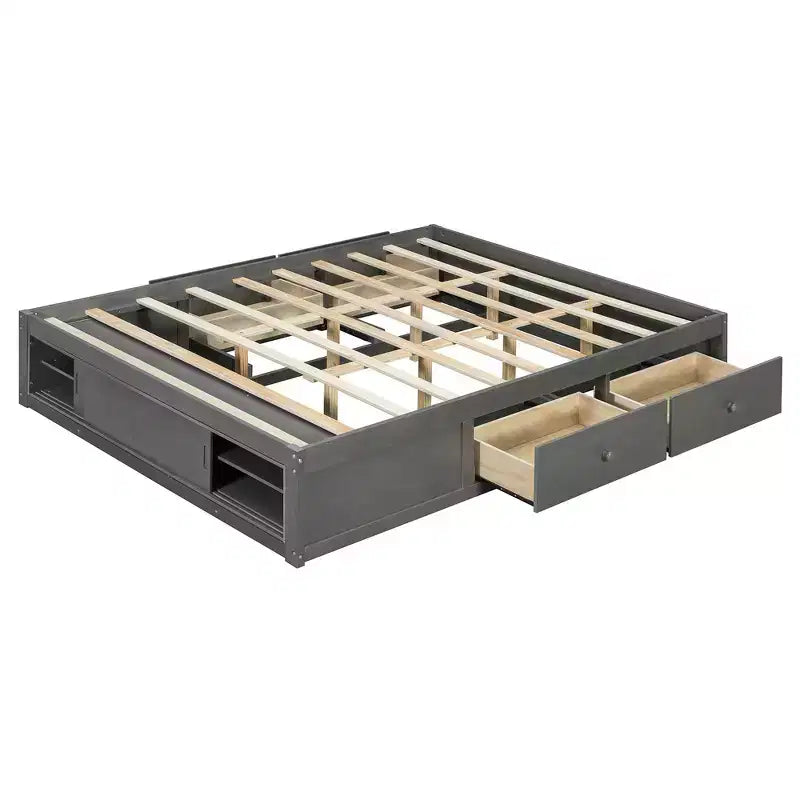 Cadre de lit plateforme grand lit Whisen avec 4 tiroirs de rangement et rangement dans le pied de lit