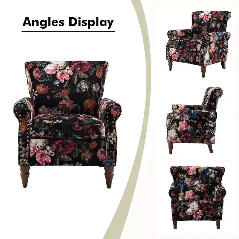 Araceli traditioneller gepolsterter Holzsessel mit Blumenmuster, Ohrenlehnen und Ziernägeln | ART OF LIVING DESIGNS