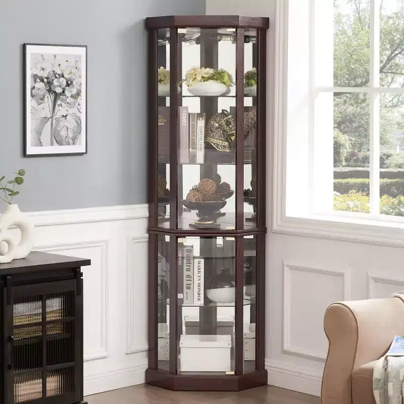 Hoekvitrinekast met glazen deuren en planken, hoekvitrine voor de woonkamer