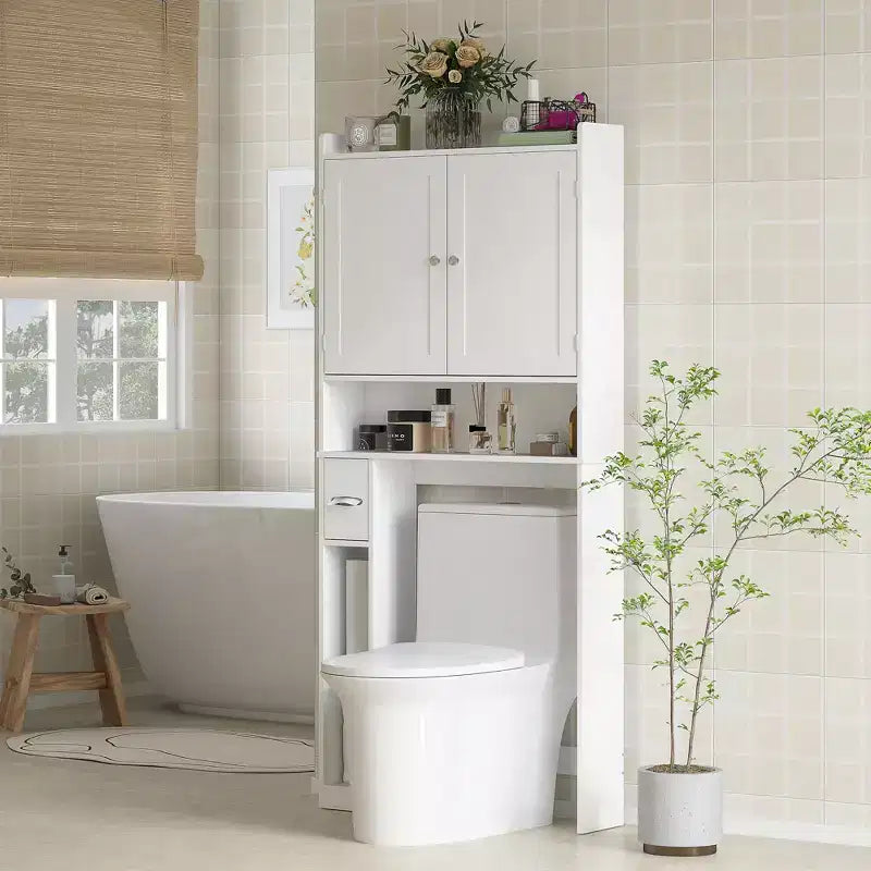 HOMCOM Toilettenregal mit Schrank, moderner Badezimmer-Organizer über der Toilette mit 2 Türen, Toilettenpapierhalter, freistehend und platzsparend