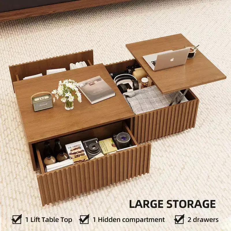 51.1 Couchtisch im Mid-Century-Modern-Stil mit höhenverstellbarer Platte, rechteckiger Wohnzimmertisch in Walnussoptik