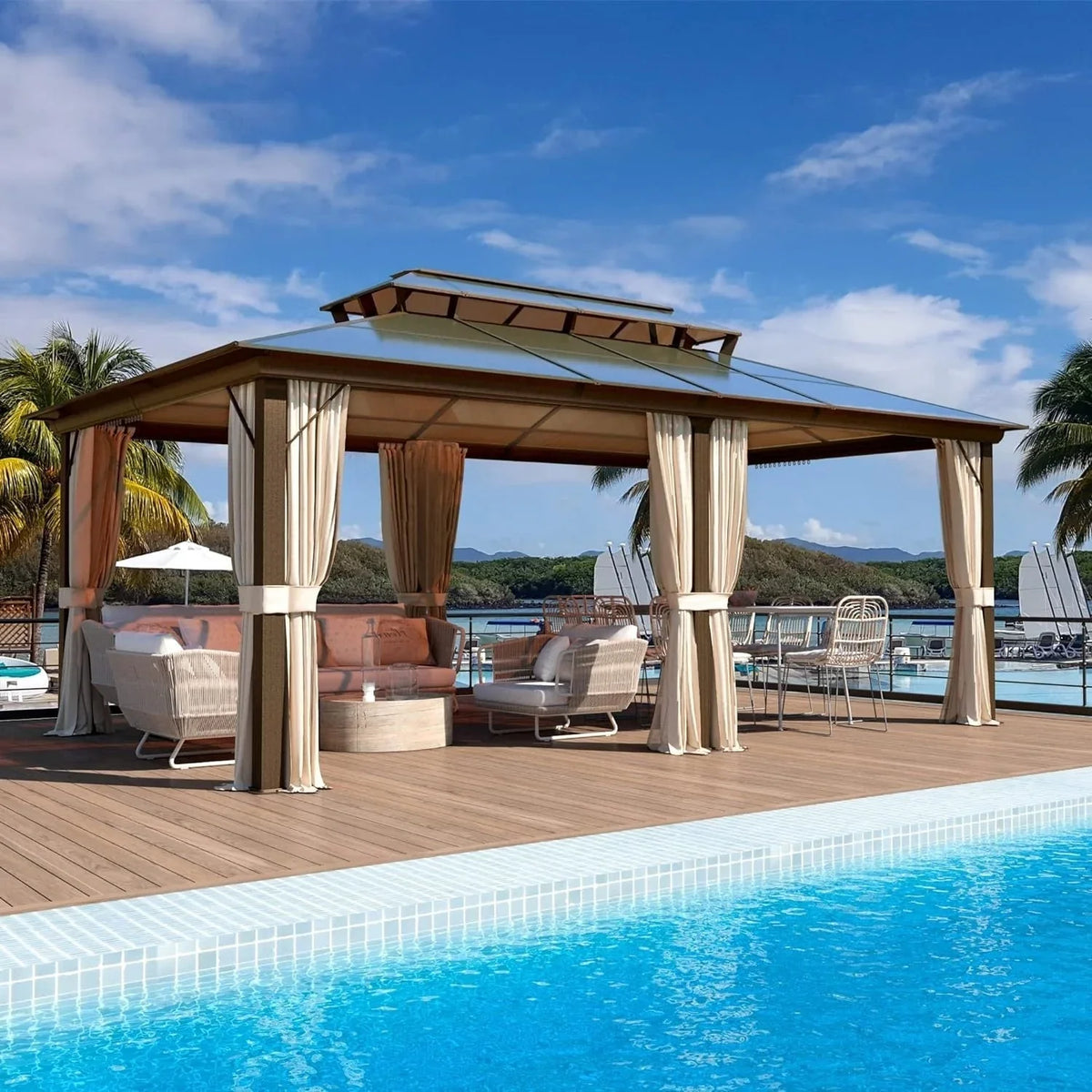 EROMMY Pavillon mit festem Dach, Pergola für den Außenbereich mit Doppeldach, Moskitonetz und Vorhängen, strapazierfähiges Sonnendach für Terrasse, Garten und Poolpartys