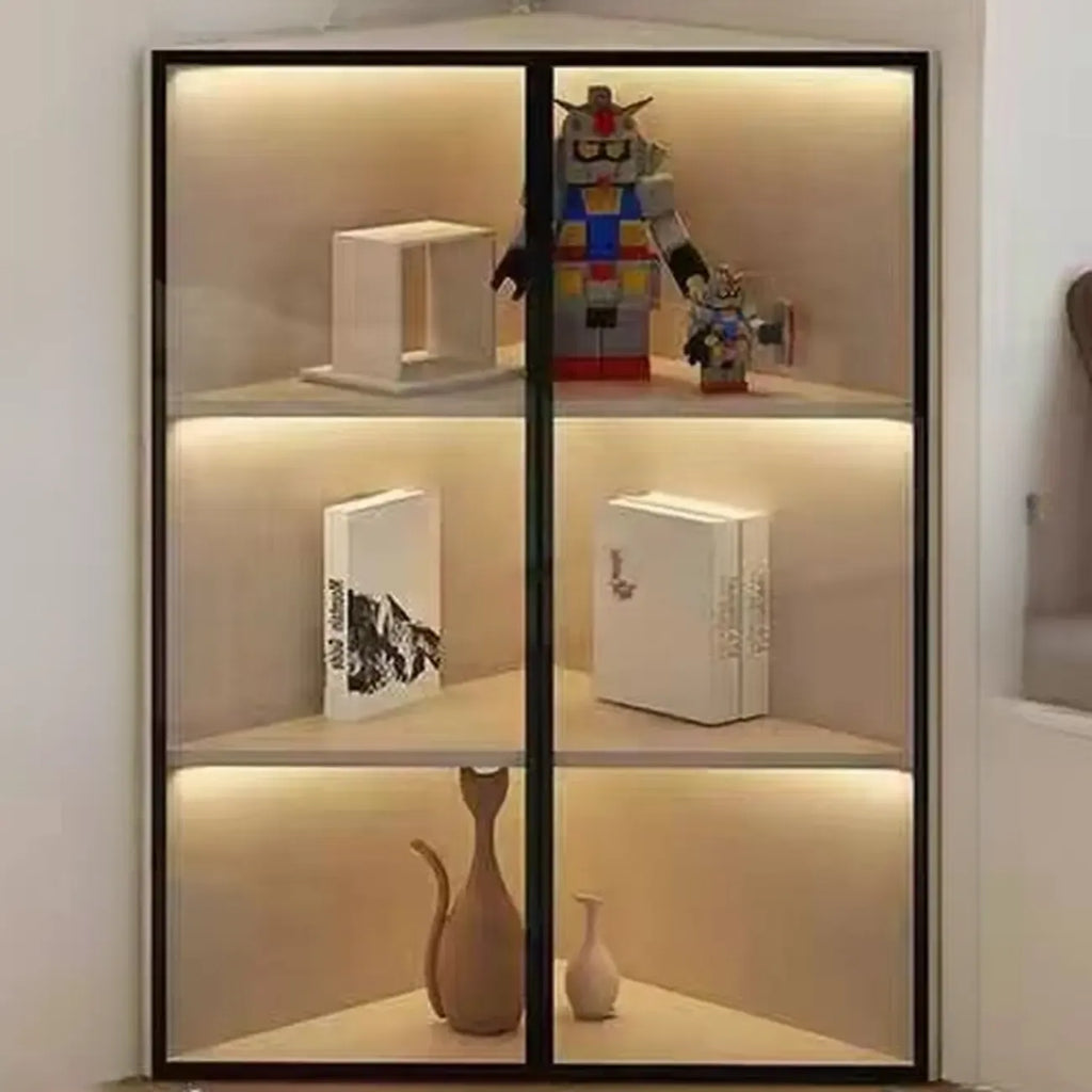 Moderne grijze metalen houten hoekvitrinekast met glazen deur