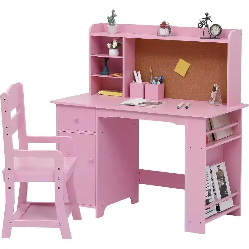 Kinderschreibtisch mit Stuhl für Jungen und Mädchen, hölzerner Kinderschreibtisch mit Bücherregal, Pinnwand, Schrank und Schublade, für Kinder von 3-8 Jahren