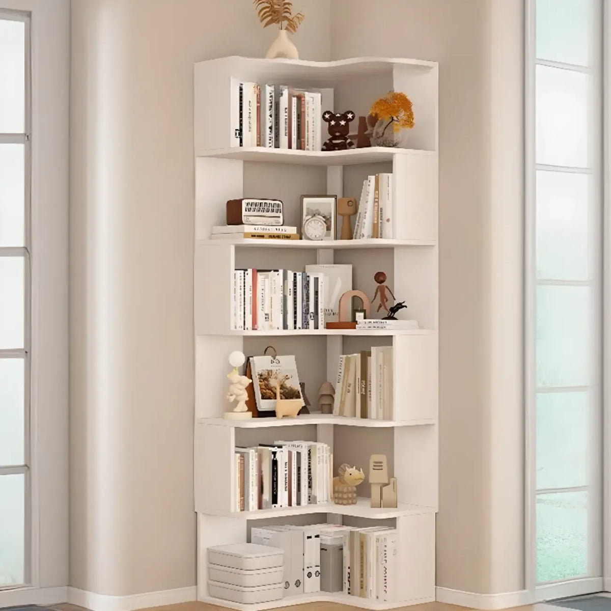 Hoekboekenkast van bewerkt hout met 6 planken