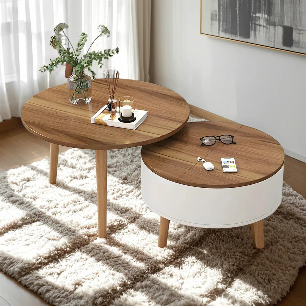 Moderner runder Couchtisch aus Holz in Schwarz und Weiß mit Stauraum
