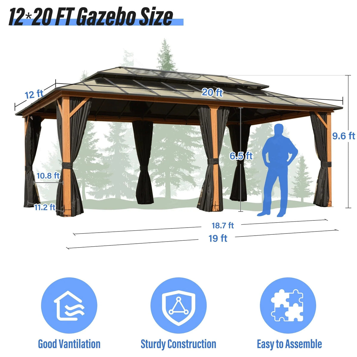 EROMMY Pavillon mit festem Dach, Pergola für den Außenbereich mit Doppeldach, Moskitonetz und Vorhängen, strapazierfähiges Sonnendach für Terrasse, Garten und Poolpartys