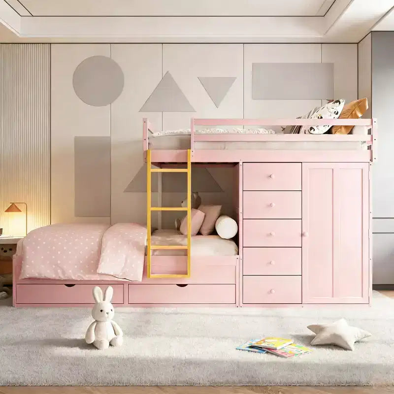 Modernes Etagenbett, Full über Full, mit integriertem Kleiderschrank und 7 Schubladen